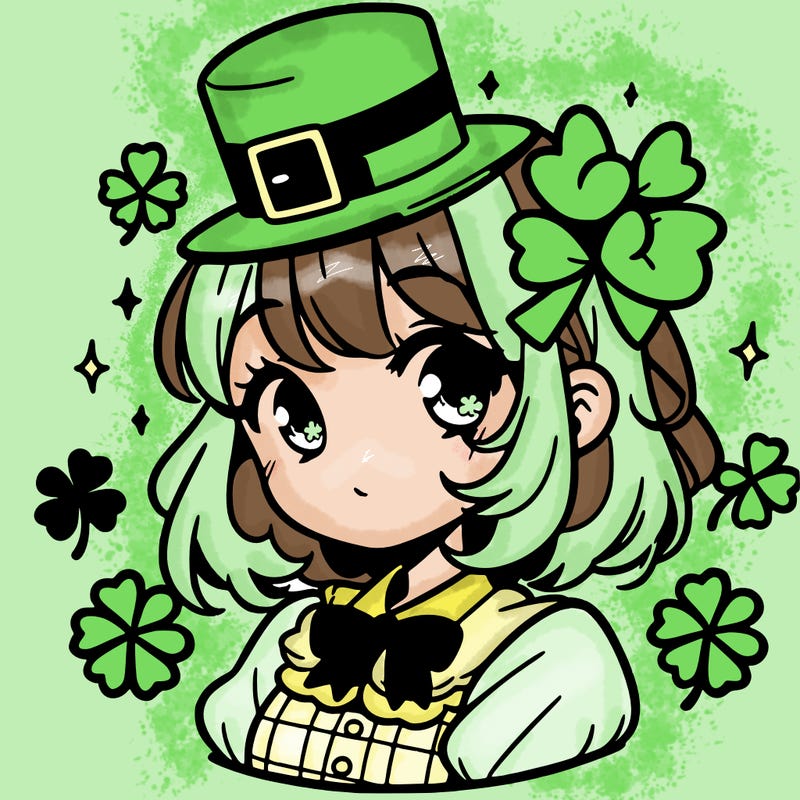 a manga-style girl with clovers around her, a little hat in her hair, like it's saint patrick's day