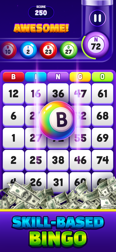 Real Money Bingo - Win Cash - A skill based bingo game screen with a bingo card and cash prizes