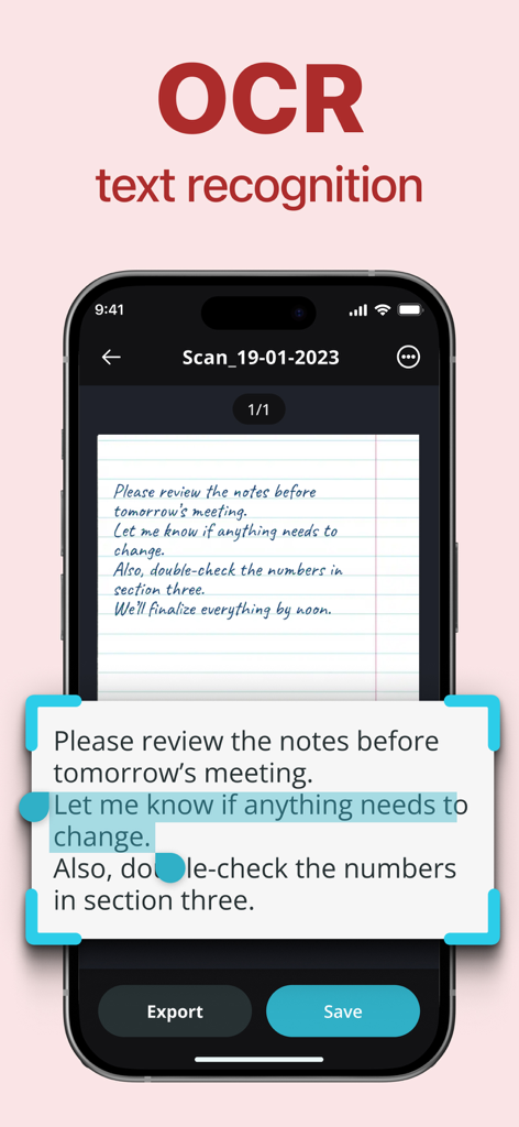 PDF Scanner & Document Editor - Écran de smartphone démontrant la reconnaissance de texte OCR en convertissant une note manuscrite en texte numérique modifiable.