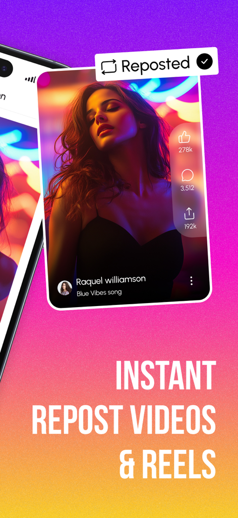 InstantSave app interface showing a successfully reposted video reel