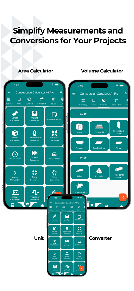 Construction Calculator A1 Pro - Interface of Construction Calculator A1 Pro showing measurement and conversion tools for construction professionals