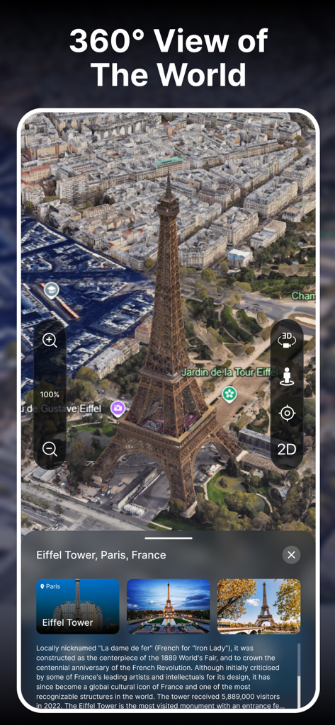 Mobile app interface showing a 3D aerial view of the Eiffel Tower in Paris