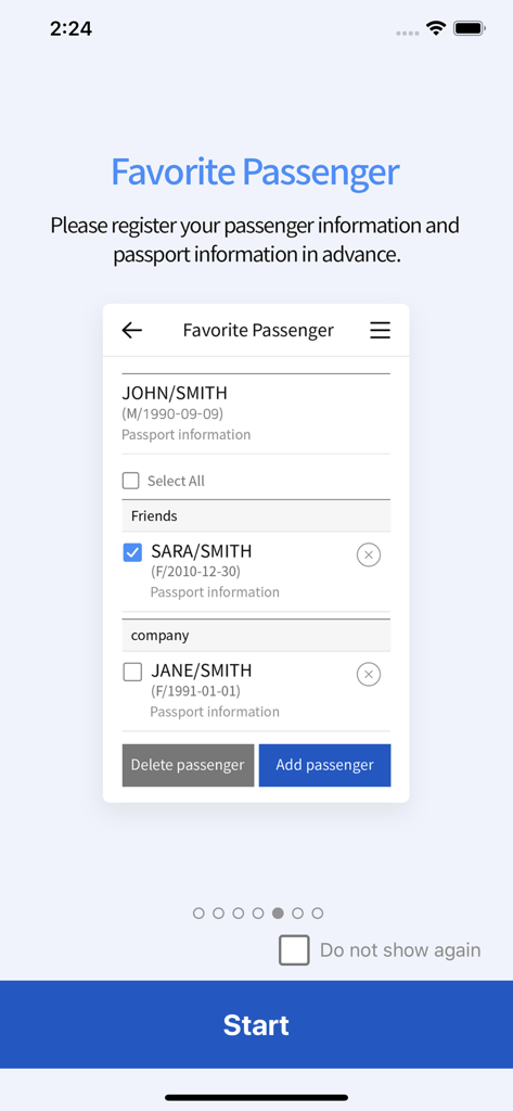 즐겨찾는 승객 정보 및 여권 세부 정보를 저장하는 에어부산 앱 인터페이스