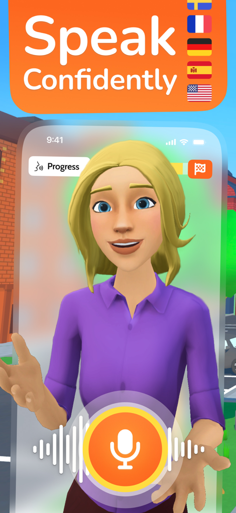 LingoLooper: AI Language Game - LingoLooperアプリは、話す自信を高めるという見出しとともに、会話型語学学習のための3Dアバターを表示しています