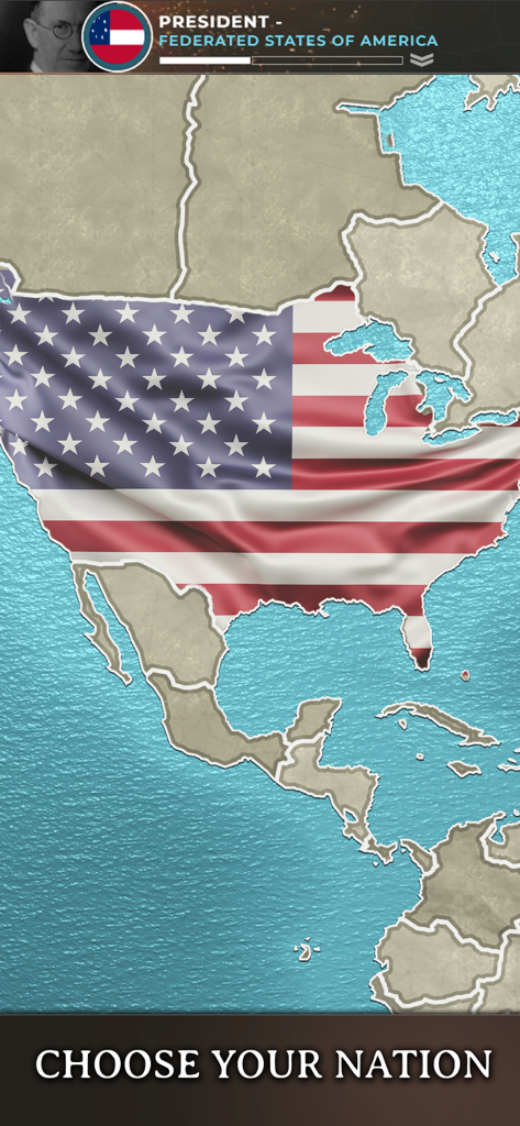 Supremacy 1914 - World War 1 - A map of North America with an American flag overlay and the text choose your nation in the Supremacy 1914 strategy game.