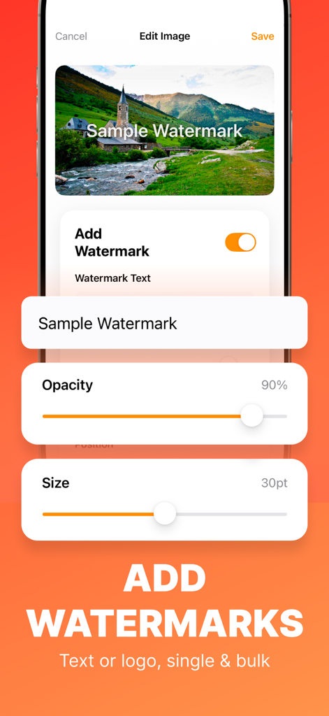 Image Converter: JPEG PDF PNG - Oberfläche der mobilen App, die zeigt, wie ein Text-Wasserzeichen zu einem Foto mit Opazitäts- und Größenreglern hinzugefügt wird
