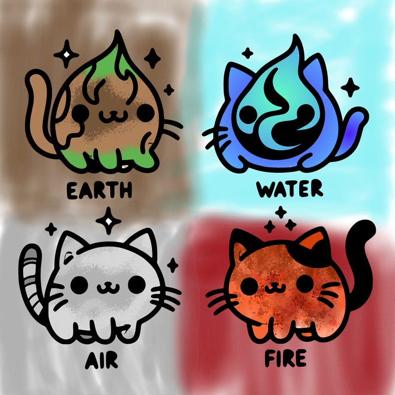 4 cats that represent the different elements, earth, water, air, and fire