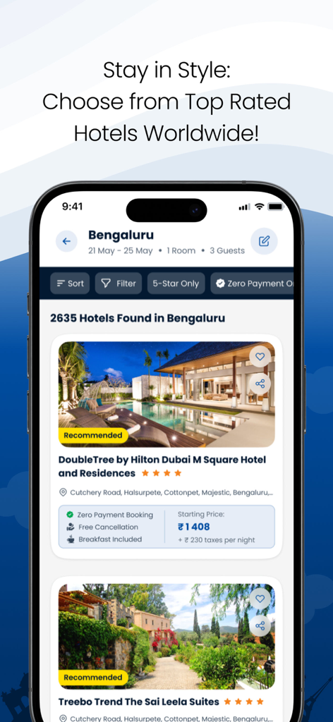 フィルターと価格設定を含むホテル検索結果を表示するトーマス・クック・ホリデーズ・アプリのインターフェース。
