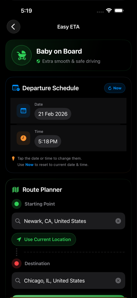 Pantalla de la aplicación Easy-ETA con un perfil Bebé a Bordo y planificación de ruta para un viaje de Newark a Chicago.