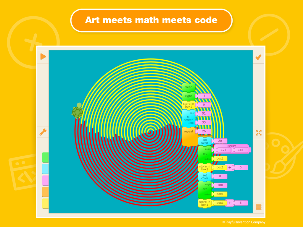 A turtle drawing a colorful red and yellow spiral using visual block based programming code