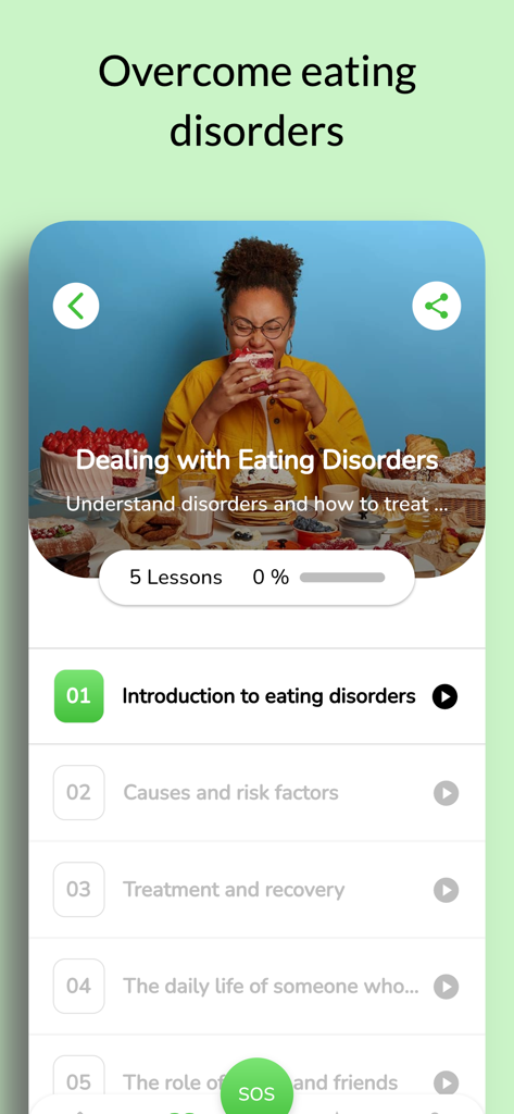 A mobile screen showing a course on dealing with eating disorders with five lesson modules