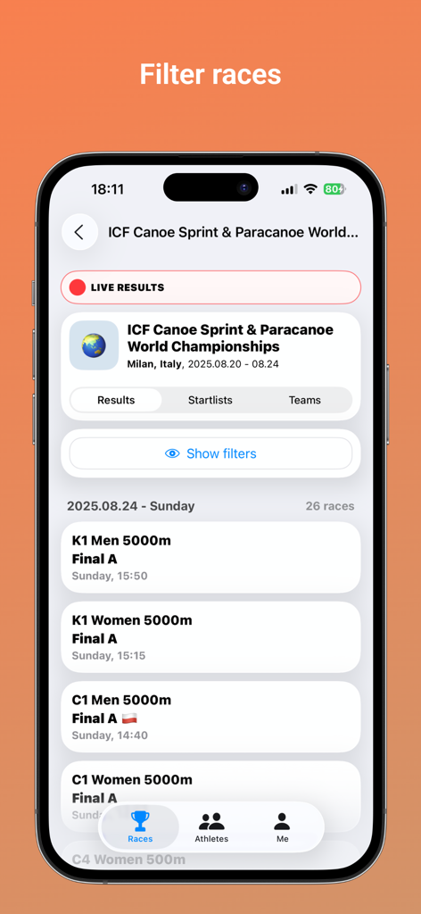 Kajakapp - Mobile screen of Kajakapp showing filtered race results for a canoe sprint championship with live updates and schedule