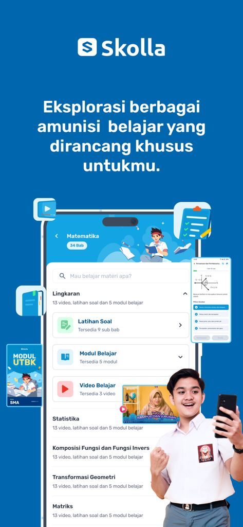 Interface do aplicativo de aprendizado Skolla mostrando módulos de matemática, questões de prática e vídeos educacionais para alunos.