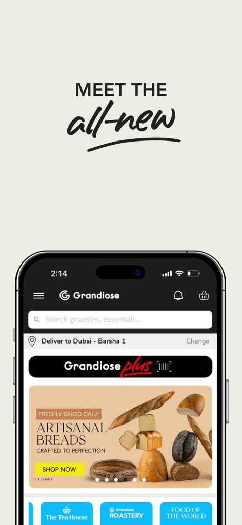 Startbildschirm der Grandiose Supermarket App mit handwerklichen Broten und Lebensmittelkategorien.