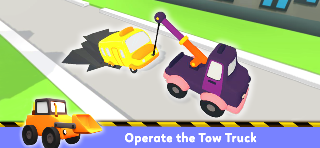 Truck Game for 5 year old Boys - Un carro attrezzi viola a cartoni animati che traina un veicolo giallo fuori da una buca stradale