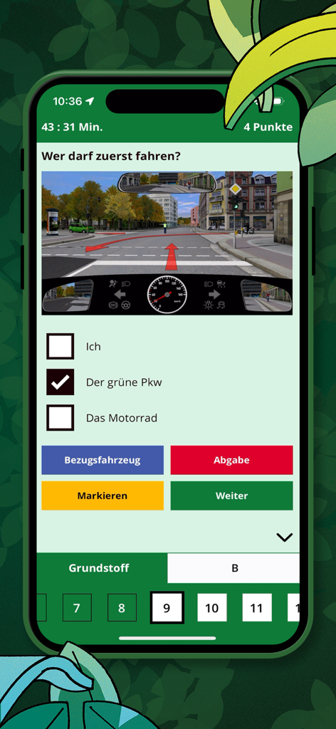 FahrAPP - Uma captura de ecrã do FahrAPP a mostrar uma pergunta oficial do exame teórico de condução alemão sobre prioridade num cruzamento