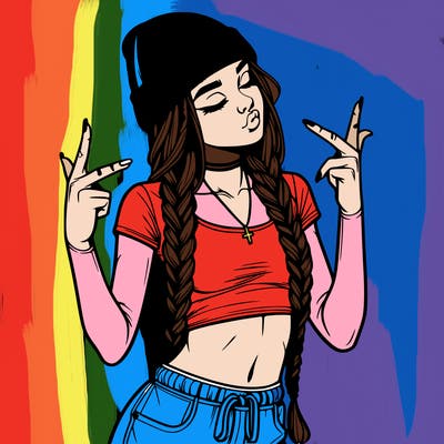 realistic teenage girl with braids and a beanie and crop top doing 🫶🏼