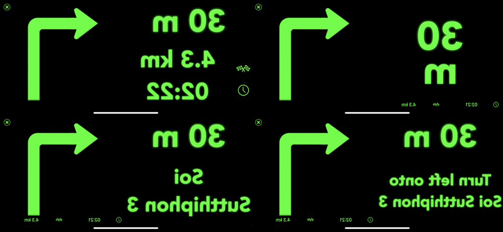 Cuatro variaciones de la interfaz de navegación de Head-Up Display en espejo verde que muestran direcciones de giro y distancia