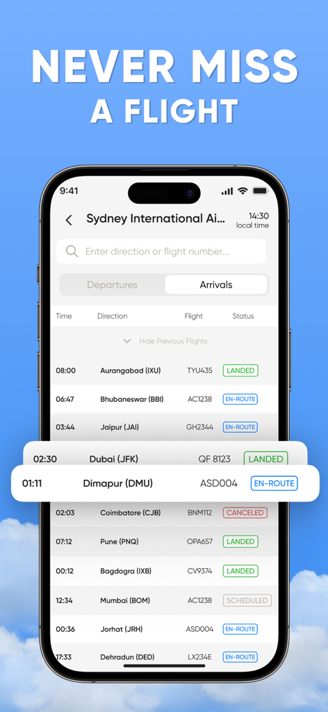 A smartphone screen showing a list of flight arrivals and statuses at Sydney International Airport in the Flight Tracker app.