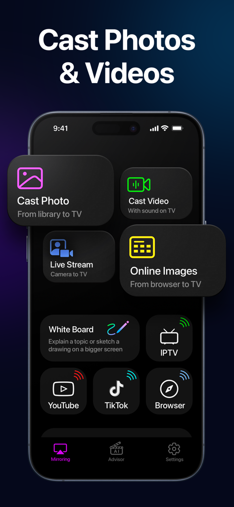 CastOn - Screen Mirror & Share - iPhone screen showing the CastOn app interface with options to cast photos videos and live stream to a TV