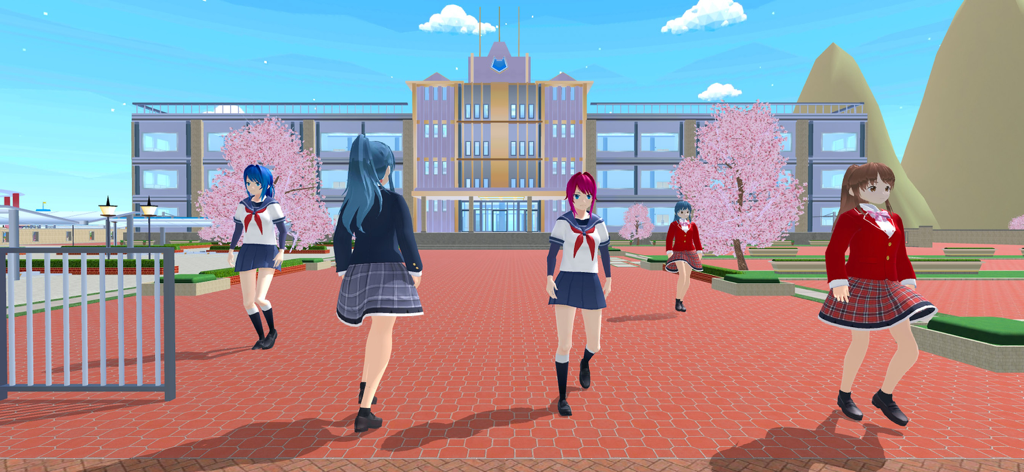 Anime-Schulmädchen in Uniformen gehen außerhalb eines Highschool-Gebäudes mit Kirschblüten spazieren