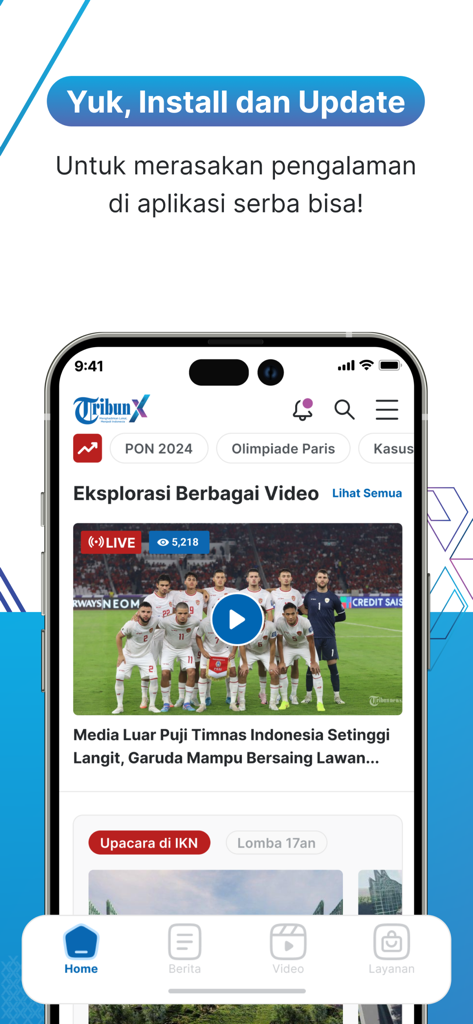 TribunX mobile app interface displaying Indonesian video news and navigation menu