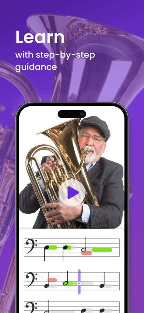 Learn Euphonium - tonestro - Smartphone screen displaying a euphonium lesson with a video instructor and real-time feedback on musical notation.