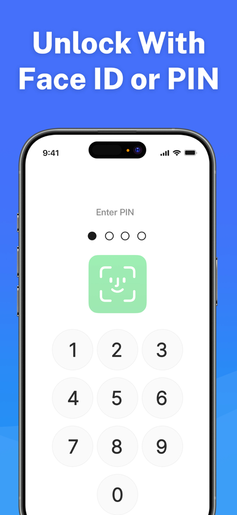 Écran de déverrouillage de sécurité de l'application Authentificatrice affichant un pavé numérique et l'icône Face ID