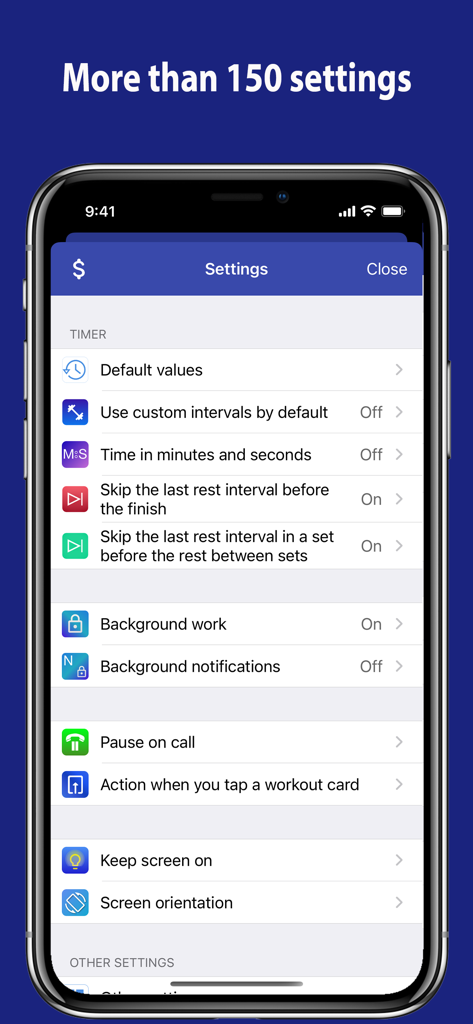 Settings screen of the Tabata Timer app showing various customization options