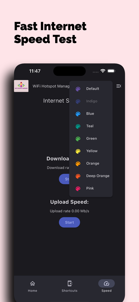 WiFi Hotspot Manager - Interfaz de la aplicación Gestor de Hotspots WiFi que muestra una herramienta de prueba de velocidad de Internet y un menú para seleccionar diferentes temas de color.