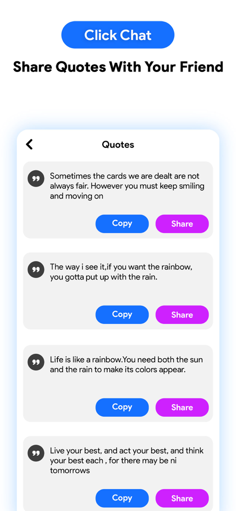 Click To Chat - Direct Message - Interface of the Click To Chat app showing a list of motivational quotes with copy and share buttons