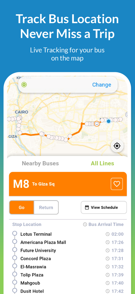 Mwasalat Misr - Mwasalat Misr app interface showing live bus tracking on a map and bus arrival times for Cairo transit.