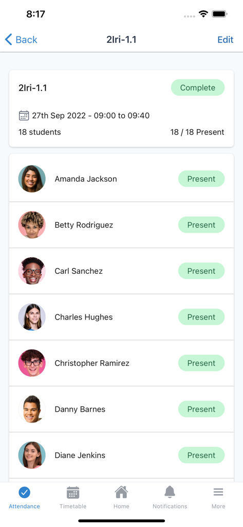 VSware teacher interface displaying a completed student attendance list for a class.