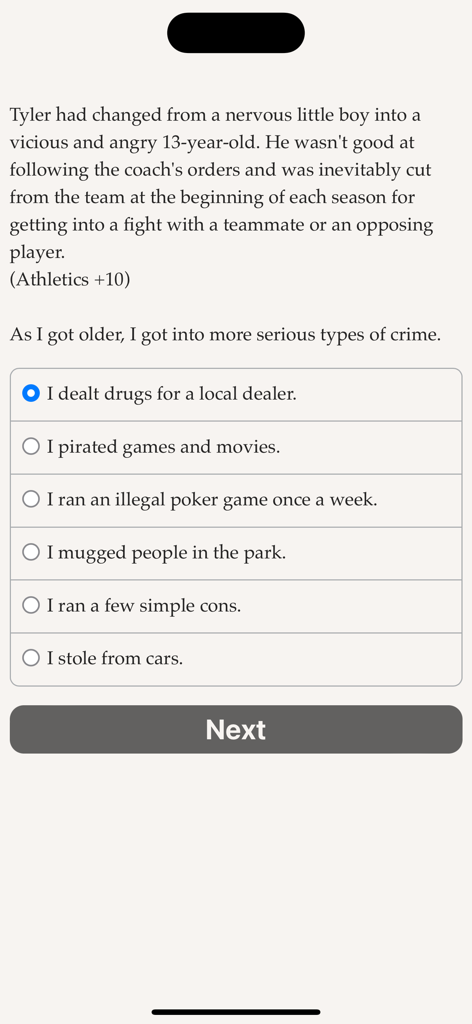Life of a Mobster - A screenshot of the text-based game Life of a Mobster showing various criminal activity choices for the player to select.