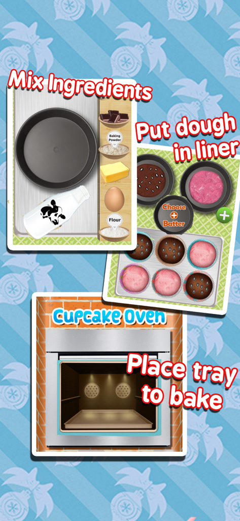 Cupcake Maker - Cooking Games! - Pasos para mezclar ingredientes, rellenar moldes y hornear cupcakes en un horno
