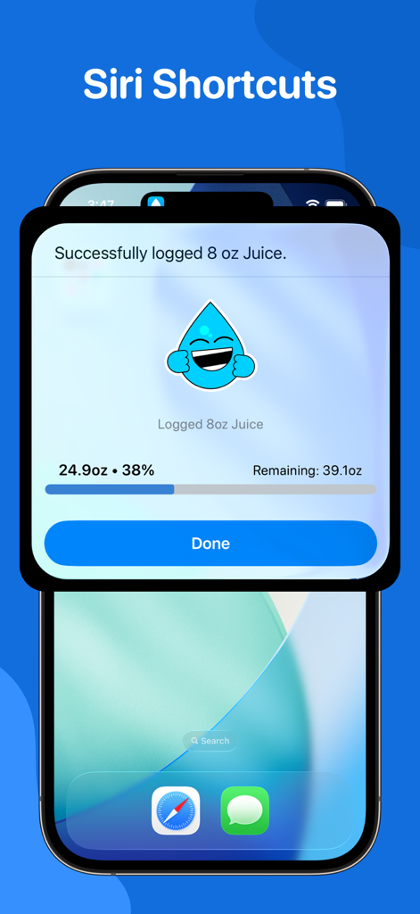 iPhone screen showing a Siri Shortcut notification for logging a drink in WaterMinder with hydration progress