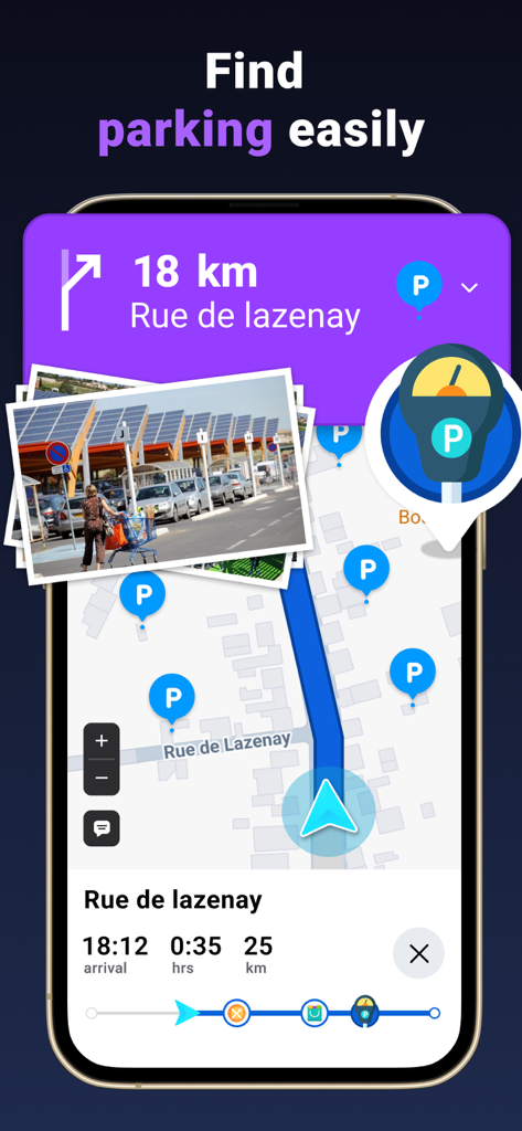 Pantalla de una aplicación de Navegación GPS en Vivo que muestra un mapa con iconos de estacionamiento azules y fotos de ubicaciones de estacionamiento