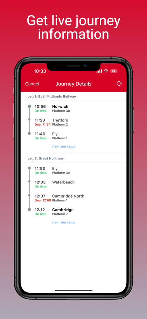 iPhone screen displaying live train journey details with departure times and platform numbers for Greater Anglia.