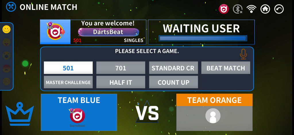 DartsBeat Home - Online match setup screen in DartsBeat Home app showing game mode selection and team pairings.