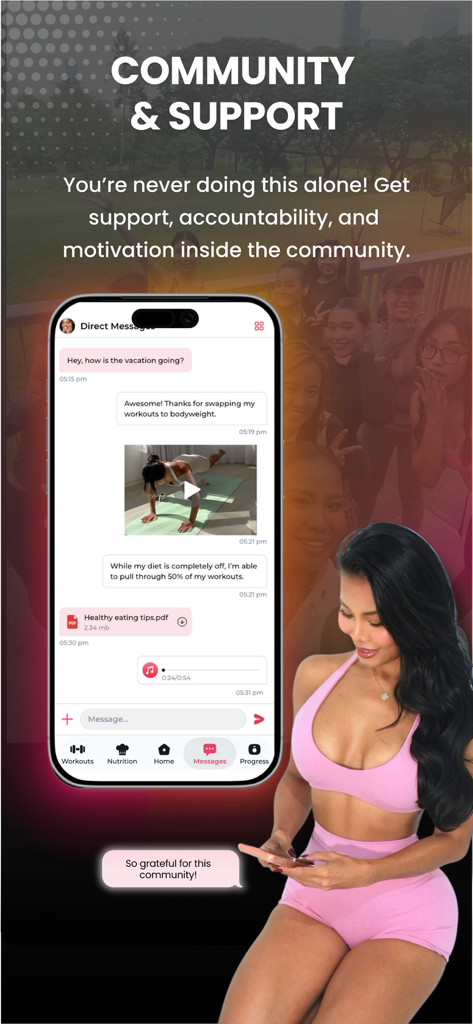 ELEV8 : Train with Structure - Pantalla de comunidad y soporte de la aplicación ELEV8 que muestra un chat de mensajes directos con consejos de entrenamiento y nutrición.