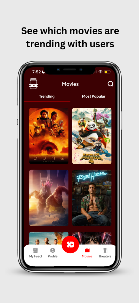 Blast Movie App - Une capture d'écran mobile de l'application Blast montrant une grille d'affiches de films tendances, y compris Dune Part Two et Kung Fu Panda 4.
