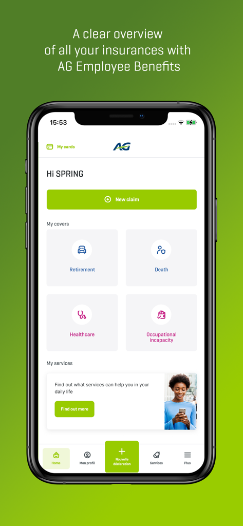 MyAG Employee Benefits - MyAG Employee Benefitsアプリのダッシュボード。保険補償と新規請求ボタンが表示されています。