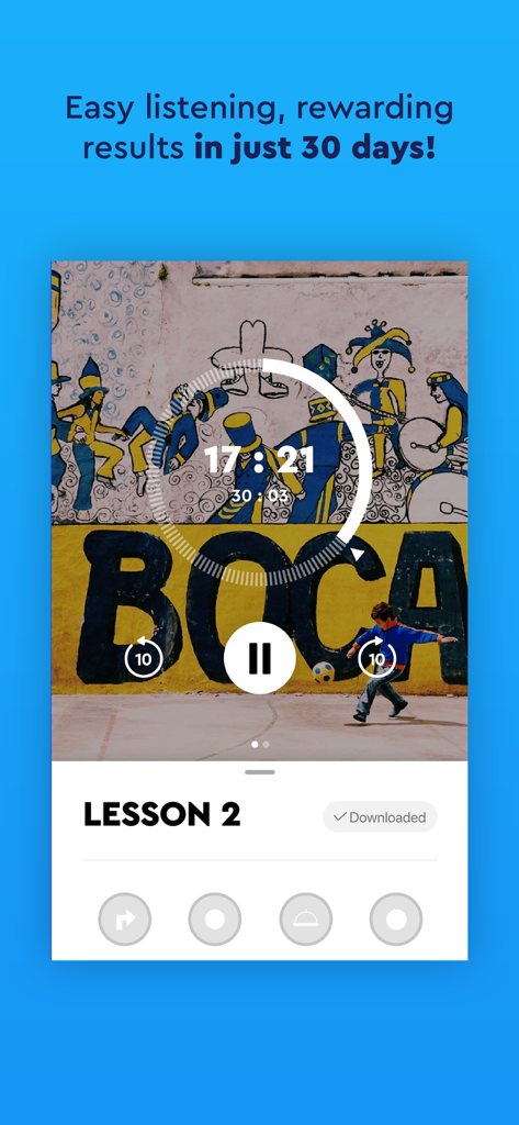 Pimsleur | Language Learning - Interfaccia del lettore audio dell'app mobile Pimsleur per una lezione di apprendimento linguistico che mostra lo stato di avanzamento della lezione e i controlli di riproduzione.