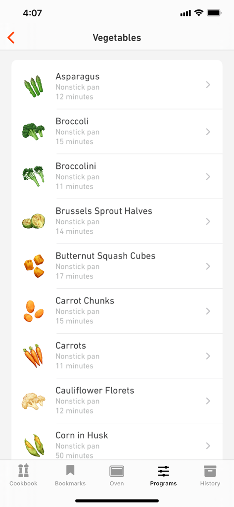 June - Interface de l'application June affichant une liste de programmes de cuisson de légumes avec des temps spécifiques et les types de plats nécessaires.