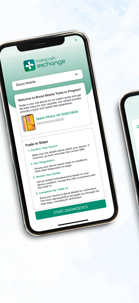 Smartphone screen displaying the InstaCash Exchange trade-in steps for Boost Mobile, including device diagnostics and quote review.