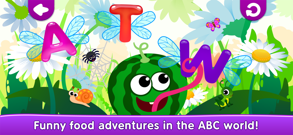 데이지 꽃밭에서 날아다니는 알파벳 글자를 잡는 재미있는 수박 캐릭터.