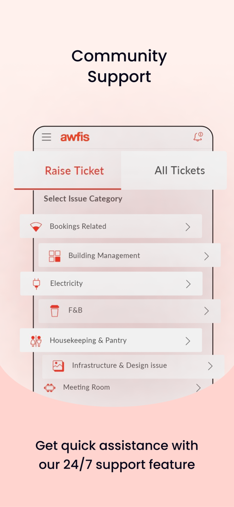 Awfis Coworking - Awfis coworking app screen showing community support categories to raise service tickets