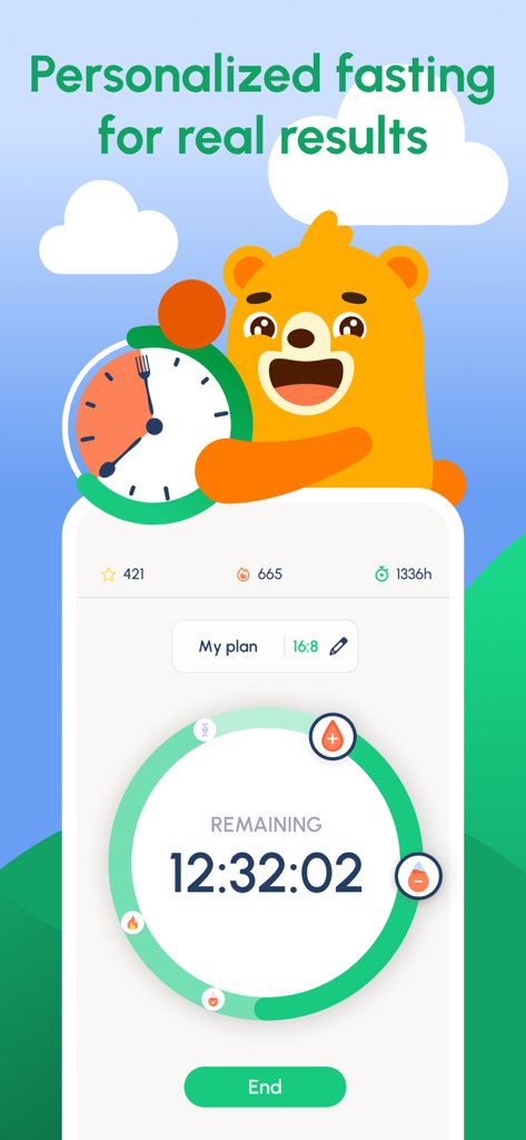 Fastic app interface showing a personalized 16-8 fasting timer and mascot bear