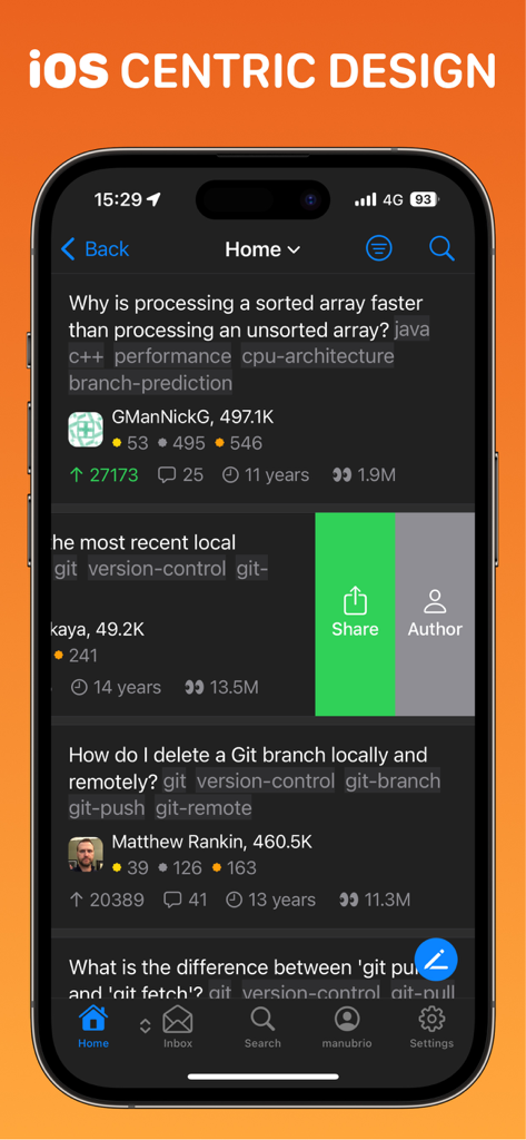 Crew - Stack Overflow Code Q&A - Crew app home screen featuring Stack Overflow questions in a native iOS dark mode interface with share and author swipe actions