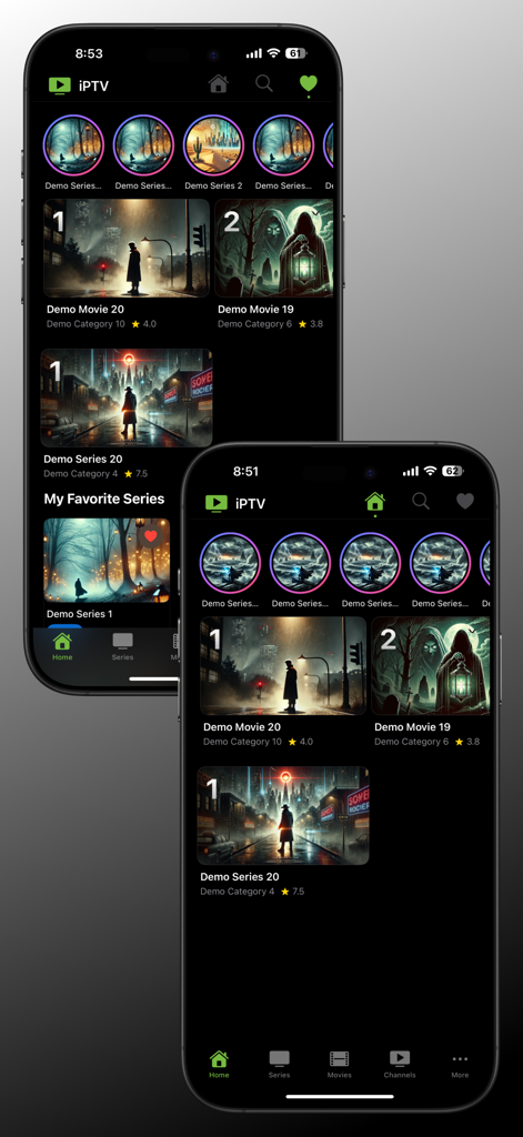 iPTV Player plus Anwendungsstartbildschirm, der eine Film- und Serienbibliothek im Dunkelmodus auf zwei iPhones zeigt